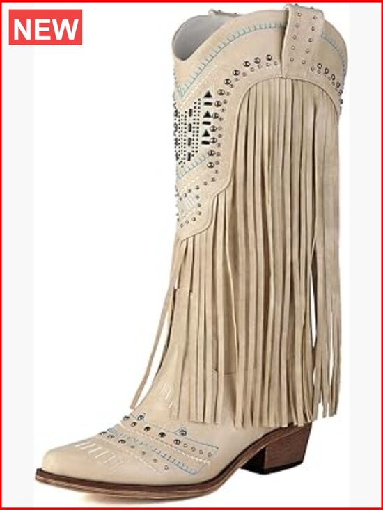 Shoes - Wide Calf Embroidered Fringe Cowgirl Boots Knee High Snip Toe Pull On